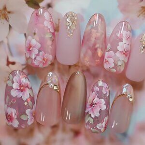 Springtime Floral Cat Eye Nail Decals - 24 Pieces, Mixed Color Scheme